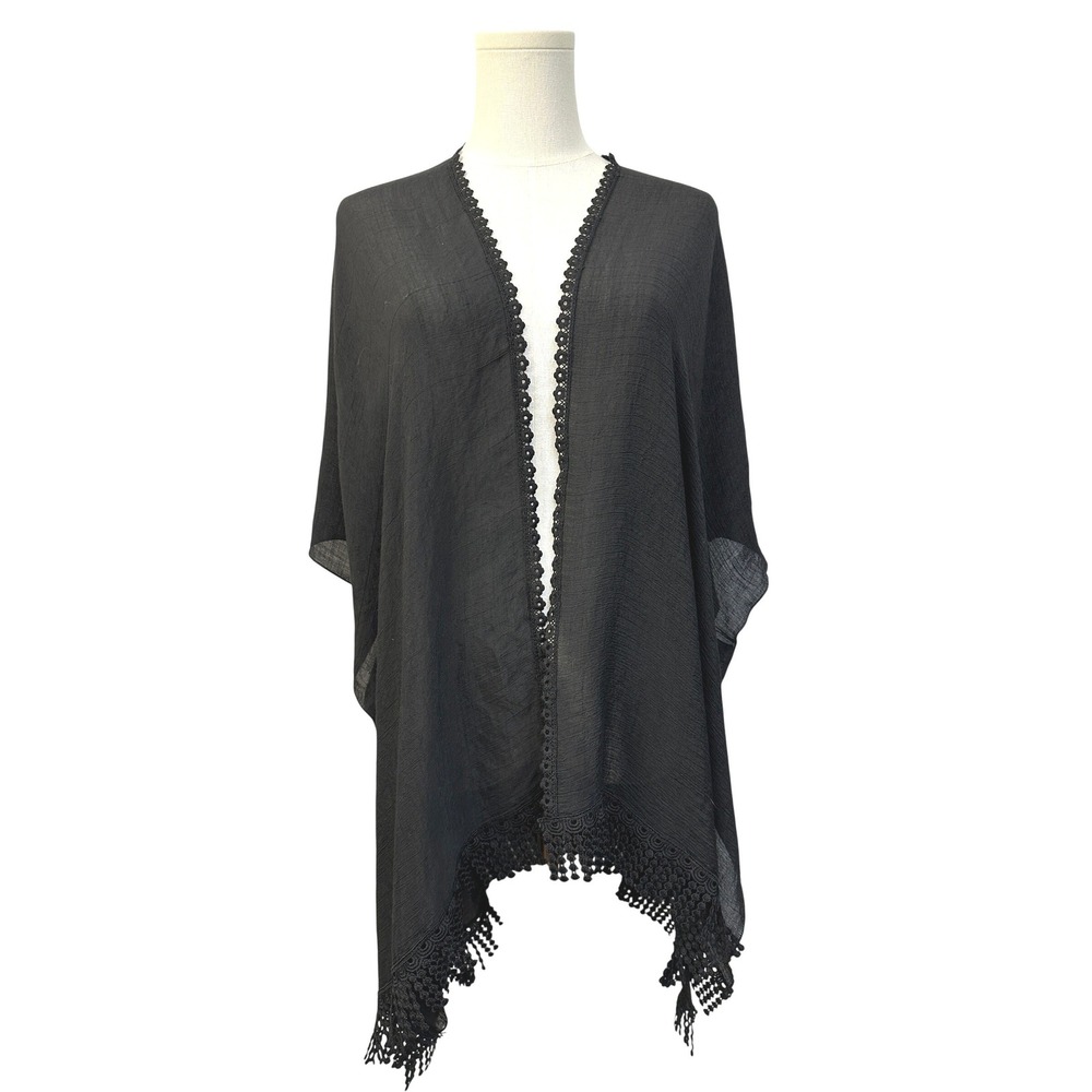 Black Lace Trim Kimono Wrap OS Crochet Tassel Fringe Boho Gypsy Stevie Nicks